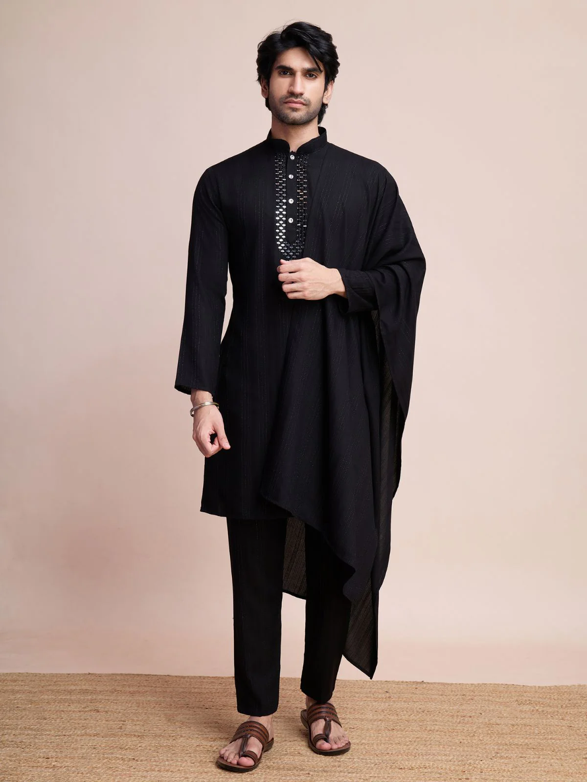 Odette Black Viscose Rayon Mirror Work Stitched Kurta Set For Men - Image 2