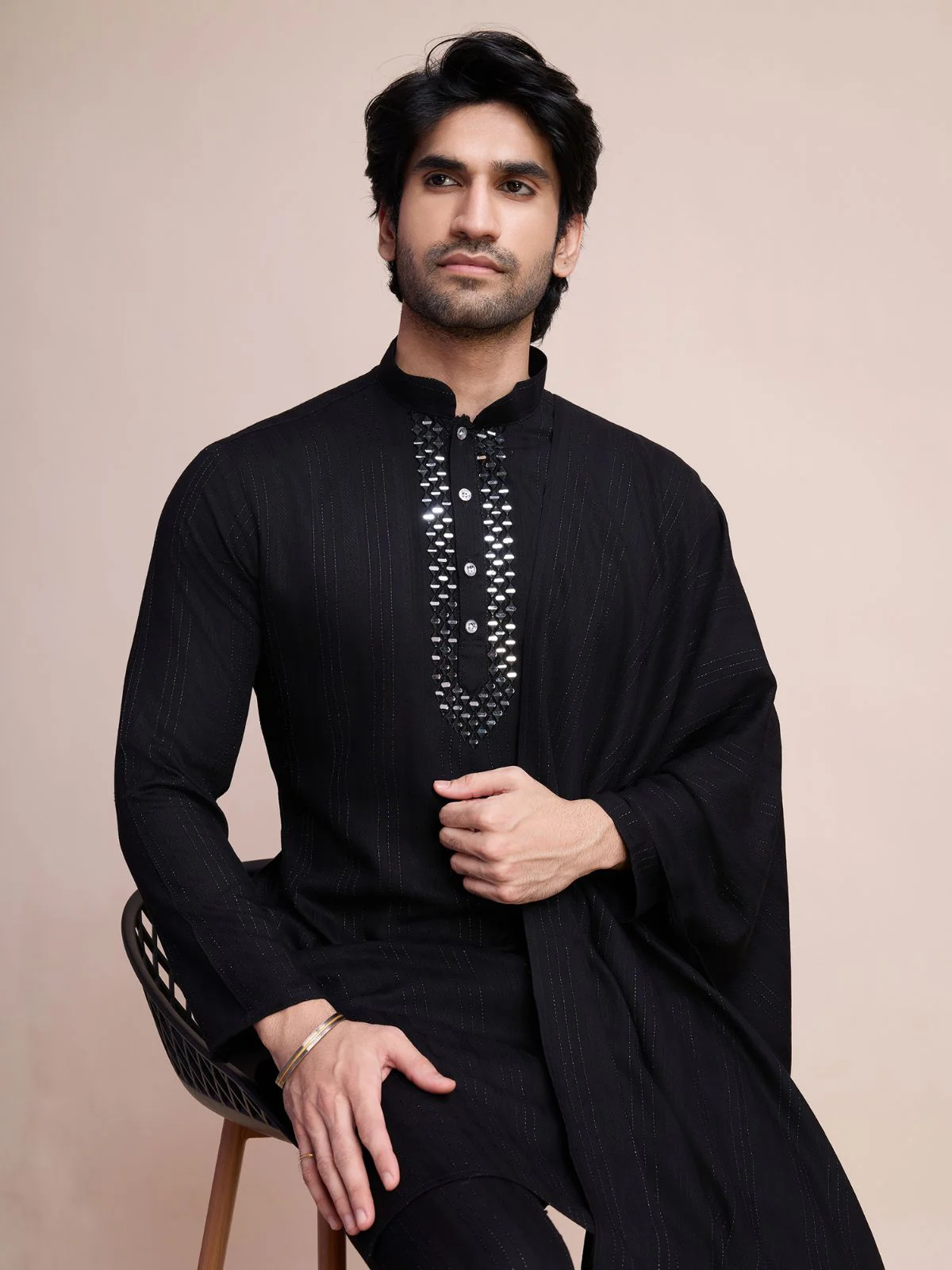 Odette Black Viscose Rayon Mirror Work Stitched Kurta Set For Men - Image 6