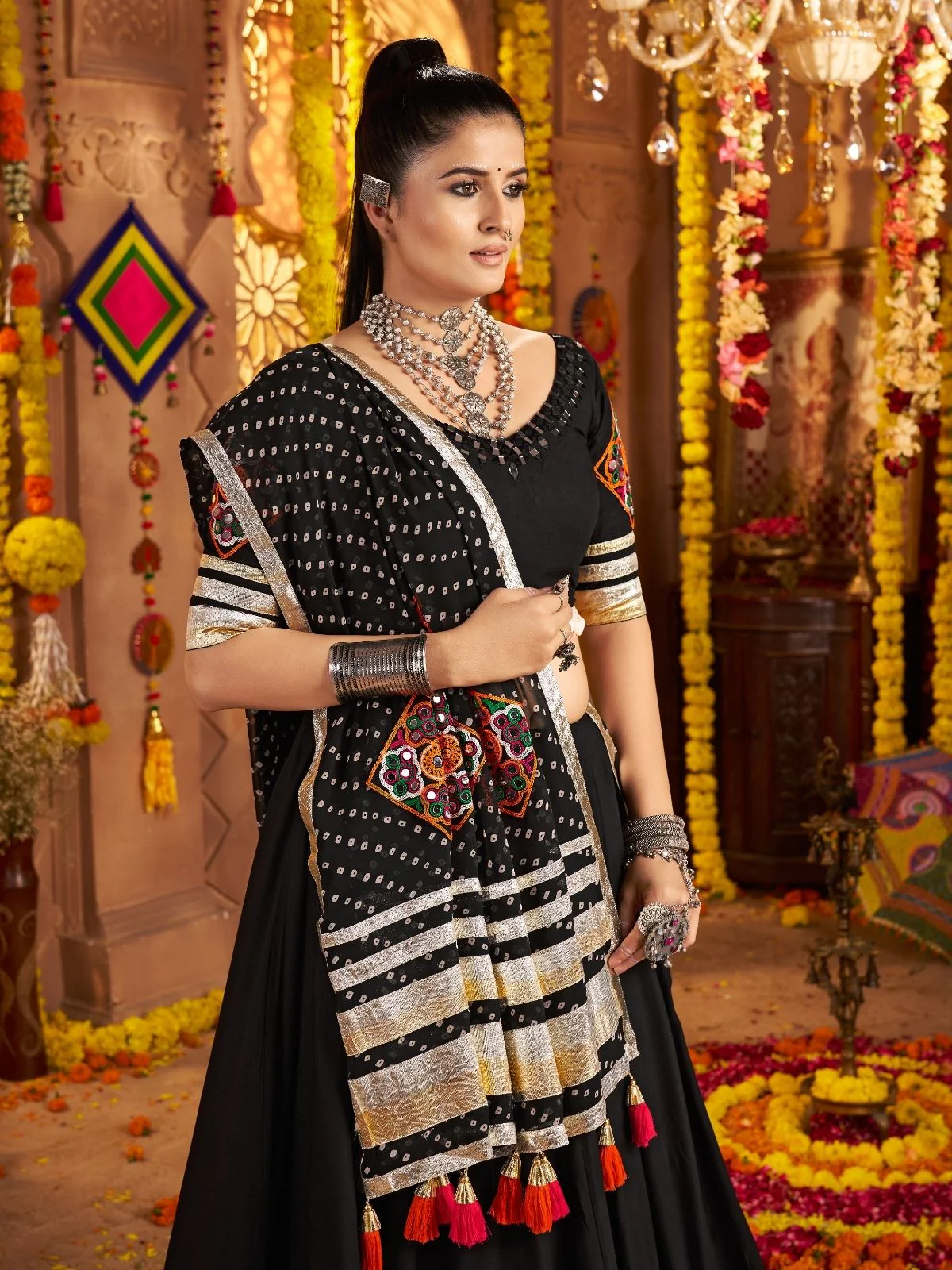Odette Black Viscose Rayon Rabari Work Semi-Stitched lehenga With Stunning Tassels For Women - Image 5