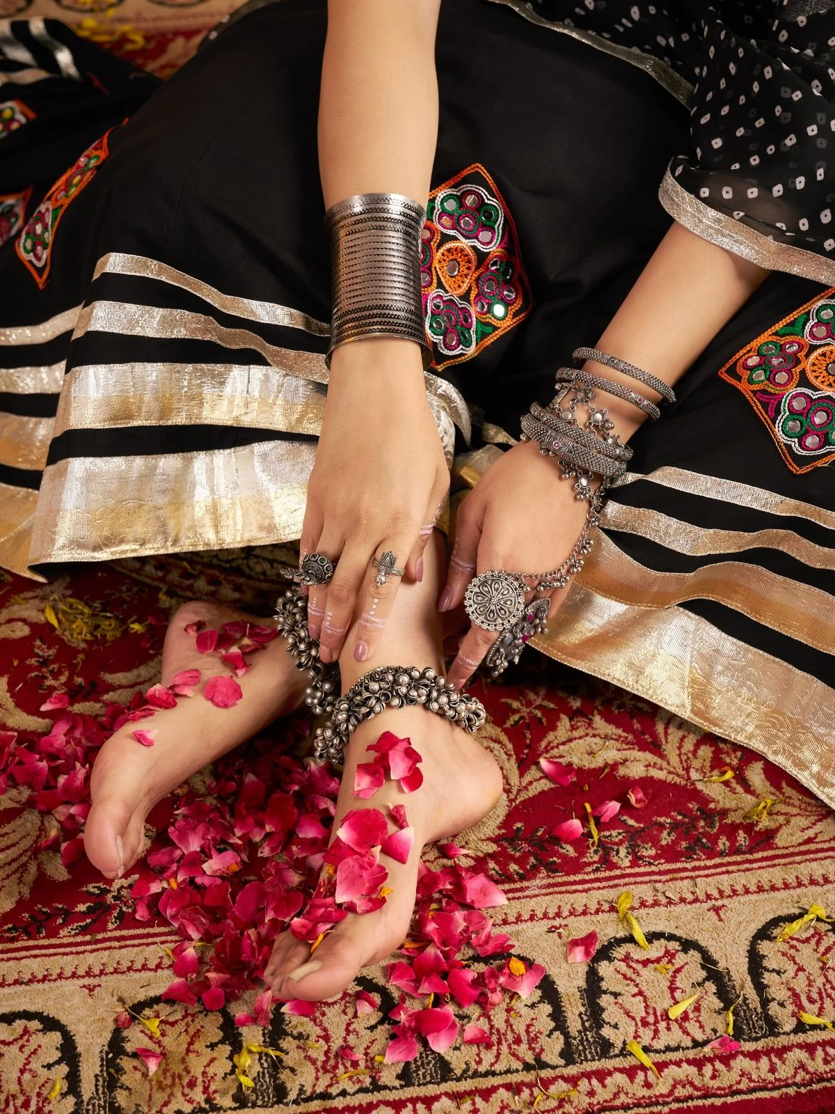 Odette Black Viscose Rayon Rabari Work Semi-Stitched lehenga With Stunning Tassels For Women - Image 7