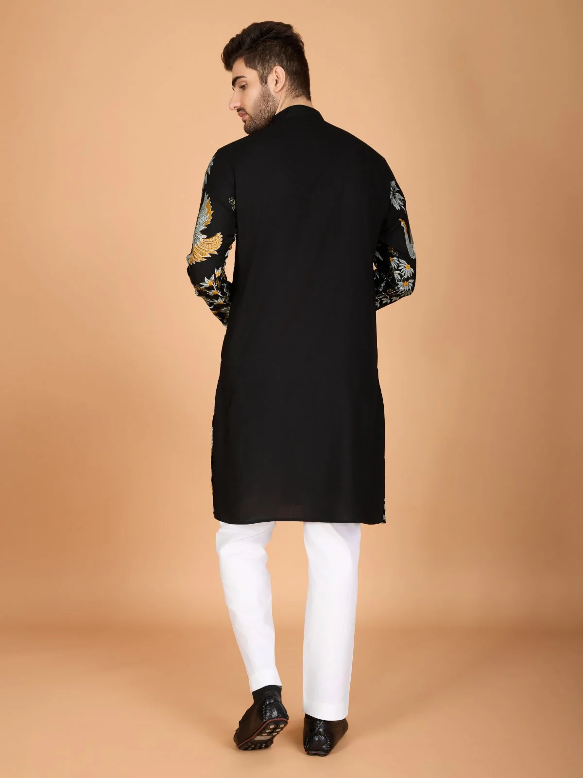 Odette Black Viscose Rayon Stitched Kurta For Men - Image 5