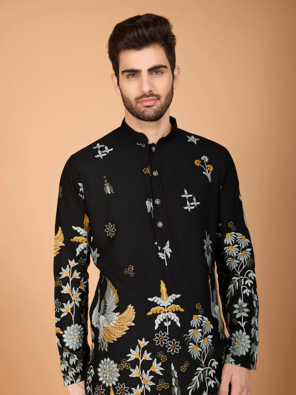 Odette Black Viscose Rayon Stitched Kurta For Men - Image 6