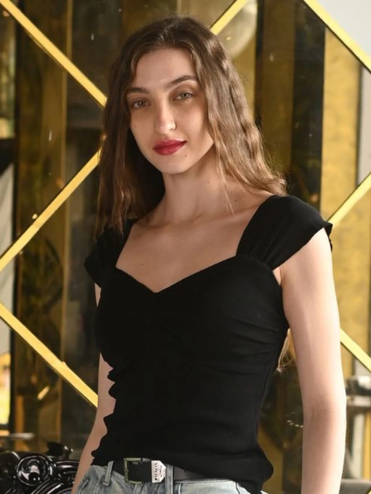 Odette Black Viscose Rib Lycra Solid Top For Women - Image 3
