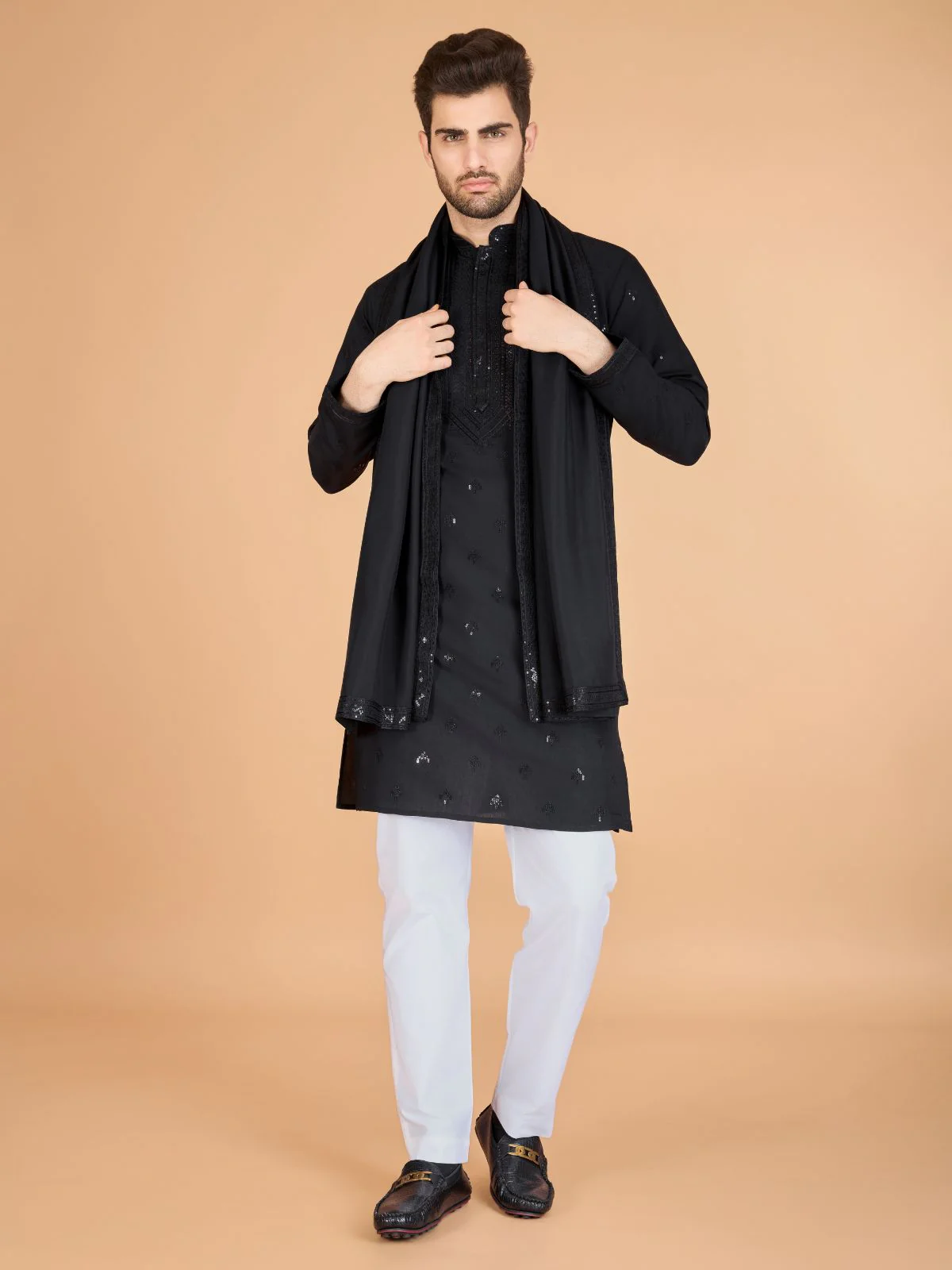 Odette Black Viscose Silk Embellished Stitched Kurta For Men - Image 2