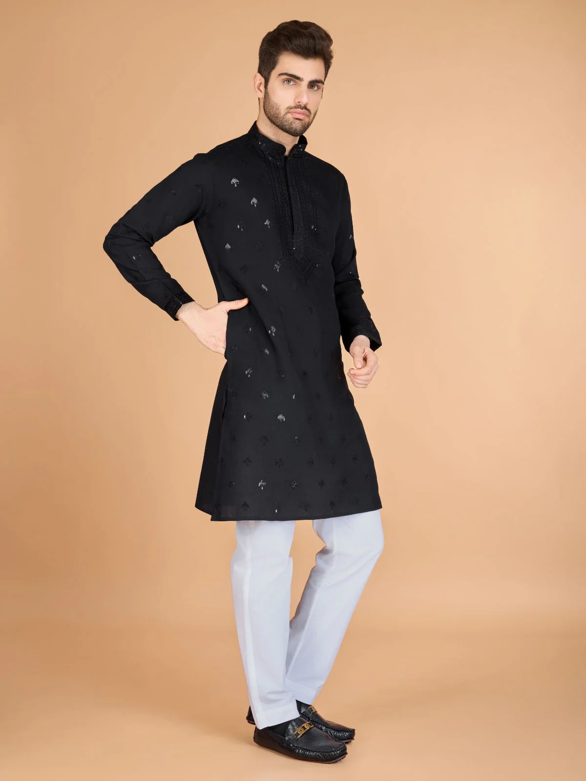 Odette Black Viscose Silk Embellished Stitched Kurta For Men - Image 3