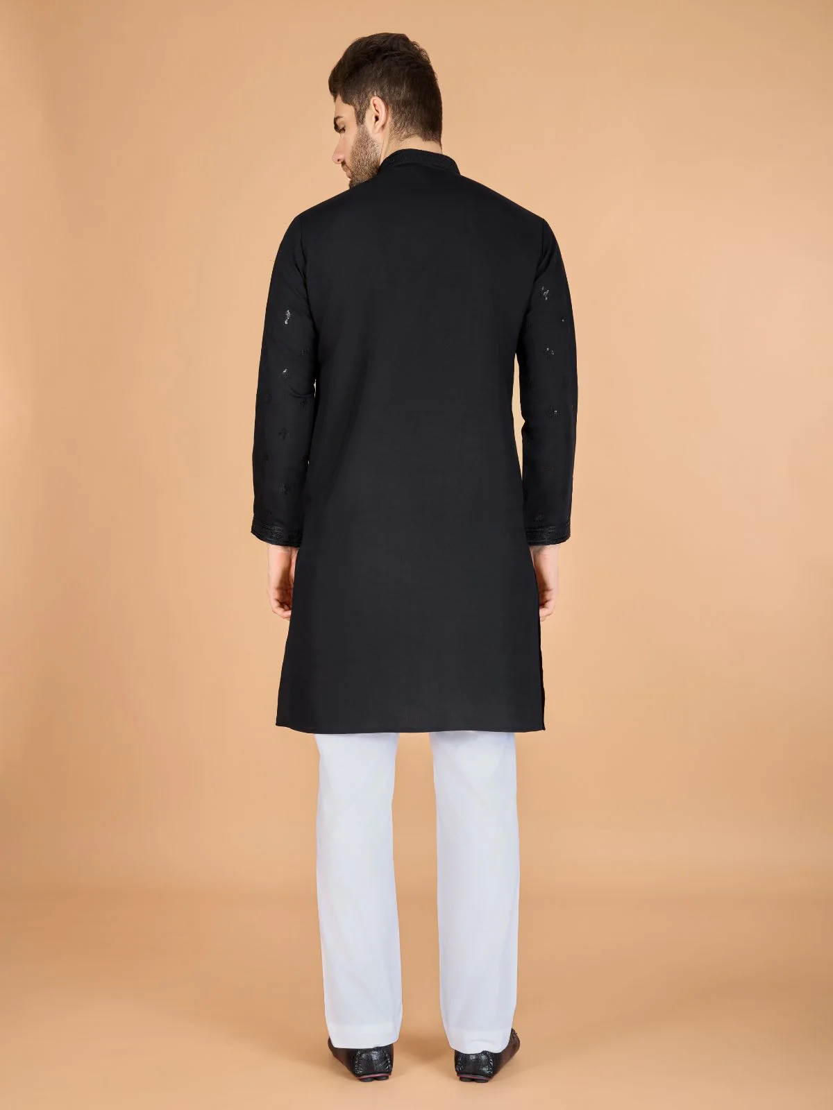 Odette Black Viscose Silk Embellished Stitched Kurta For Men - Image 4
