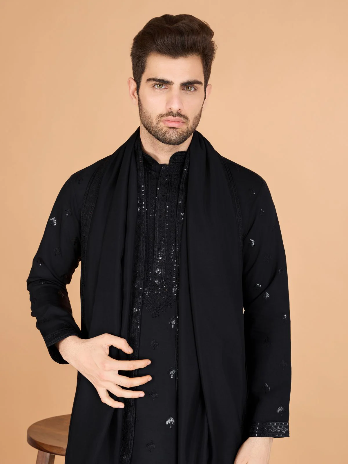 Odette Black Viscose Silk Embellished Stitched Kurta For Men - Image 5