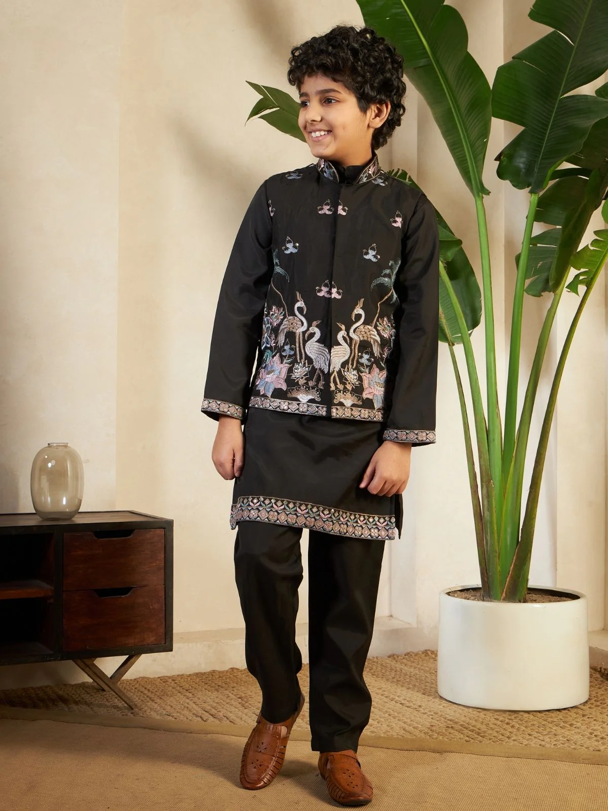 Odette Black Viscose Silk Embellished Stitched Kurta Set For Kids