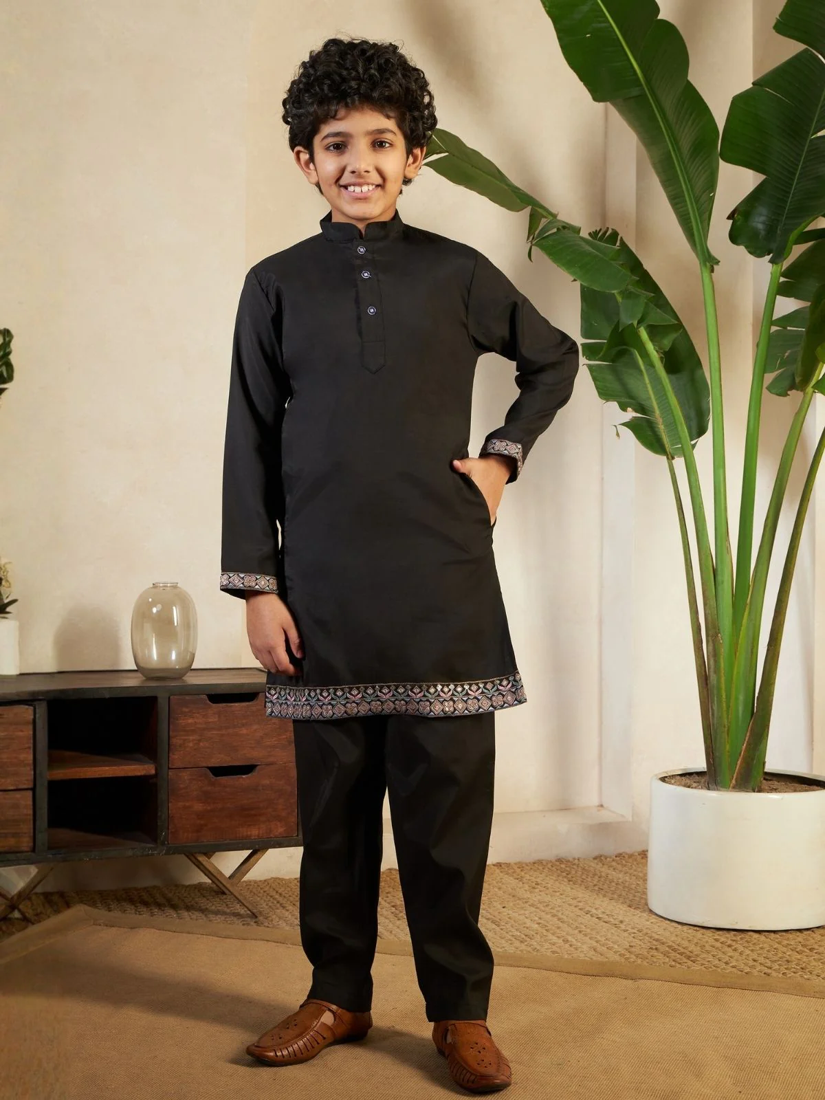 Odette Black Viscose Silk Embellished Stitched Kurta Set For Kids - Image 4