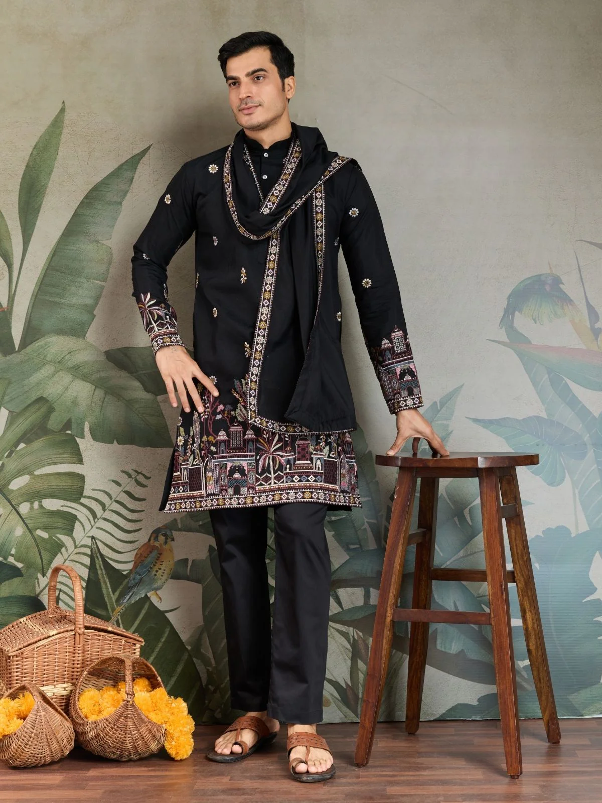 Odette Black Viscose Silk Embroidered Stitched Kurta For Men - Image 2
