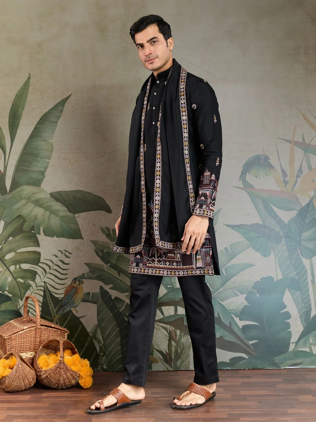 Odette Black Viscose Silk Embroidered Stitched Kurta For Men - Image 3