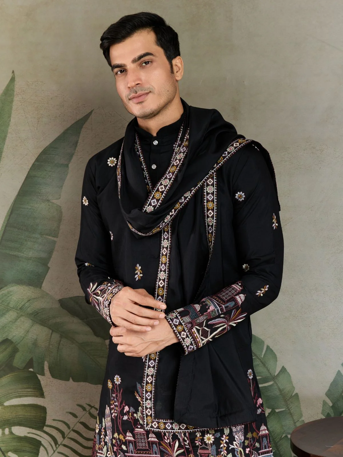 Odette Black Viscose Silk Embroidered Stitched Kurta For Men - Image 5