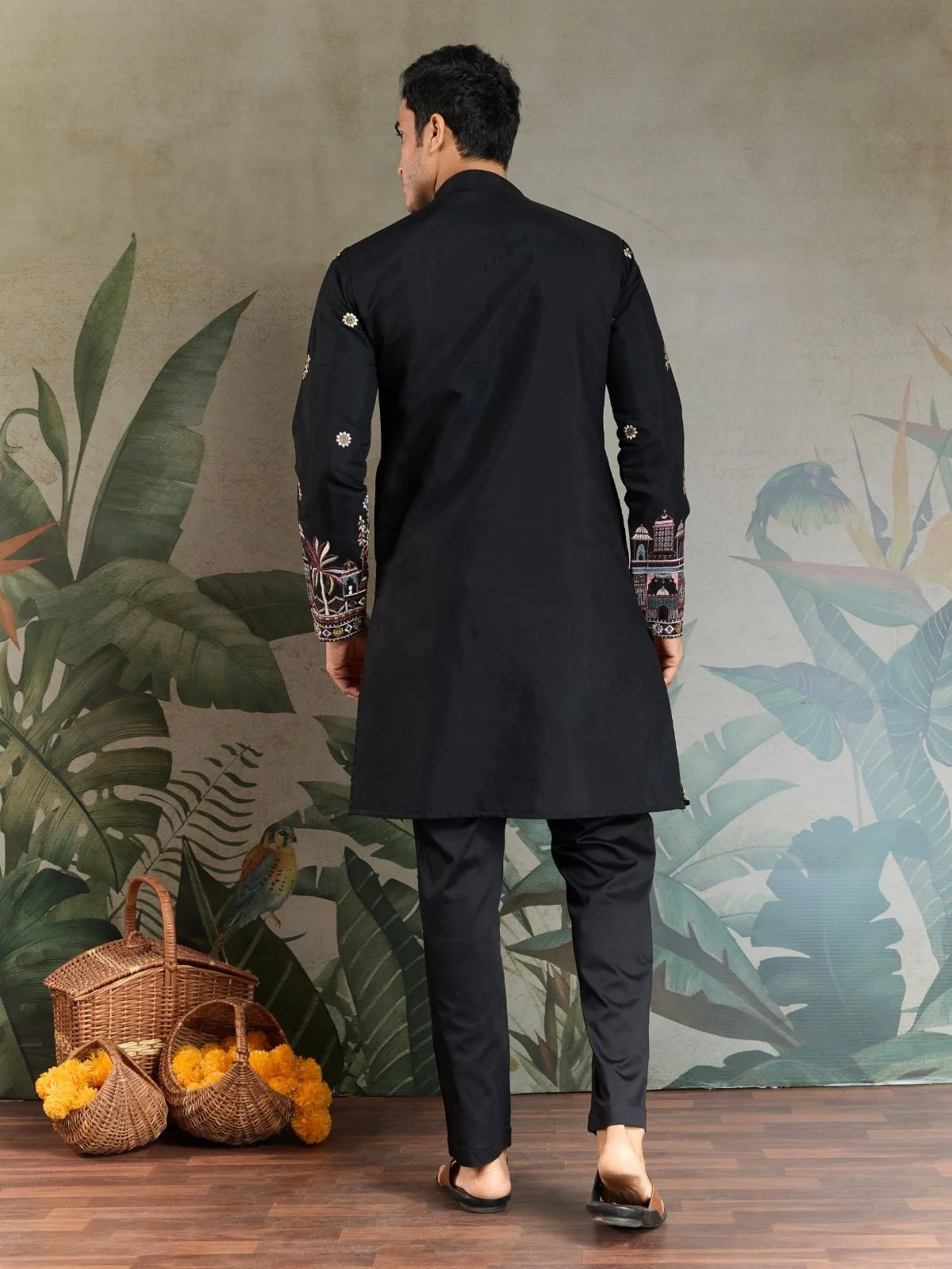 Odette Black Viscose Silk Embroidered Stitched Kurta For Men - Image 6