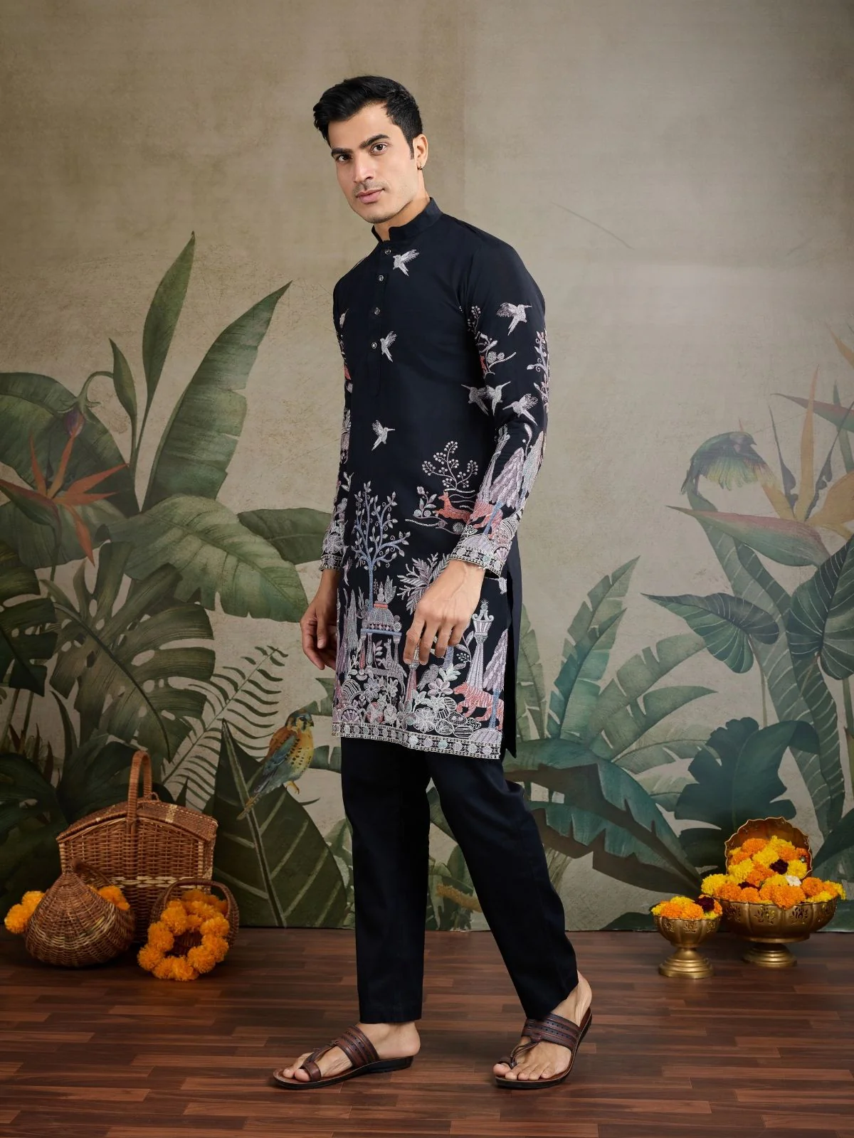 Odette Black Viscose Silk Embroidered Stitched Kurta For Men - Image 2