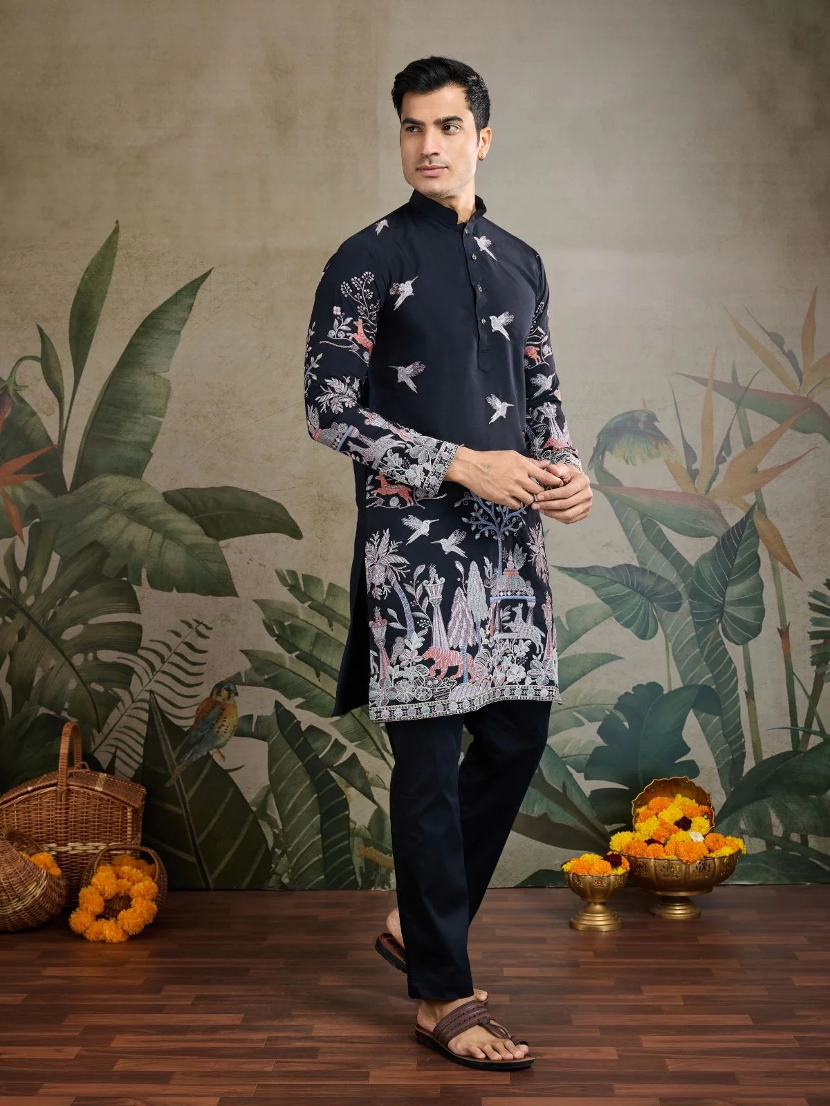Odette Black Viscose Silk Embroidered Stitched Kurta For Men - Image 3