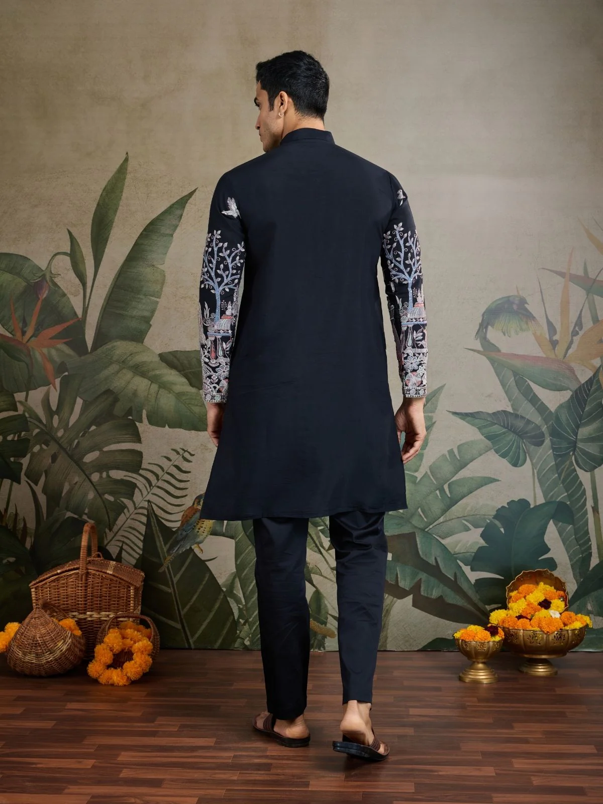 Odette Black Viscose Silk Embroidered Stitched Kurta For Men - Image 4