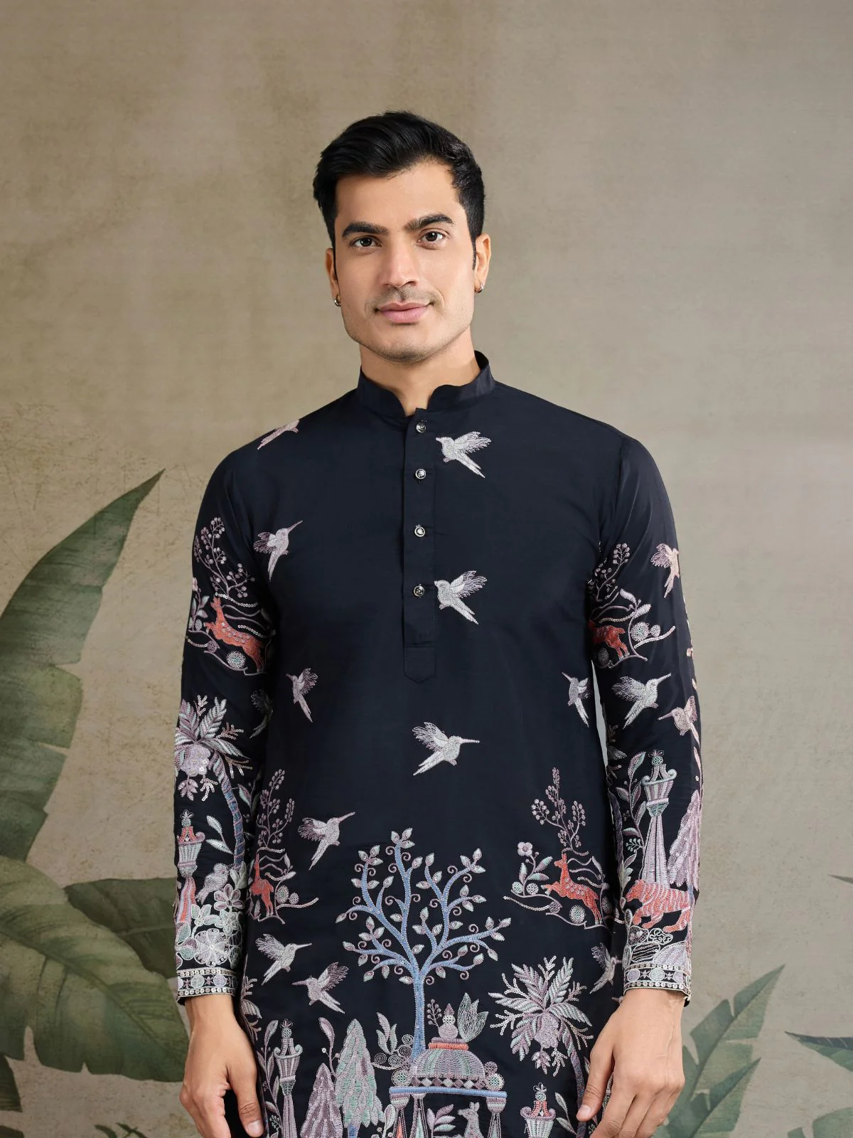 Odette Black Viscose Silk Embroidered Stitched Kurta For Men - Image 5