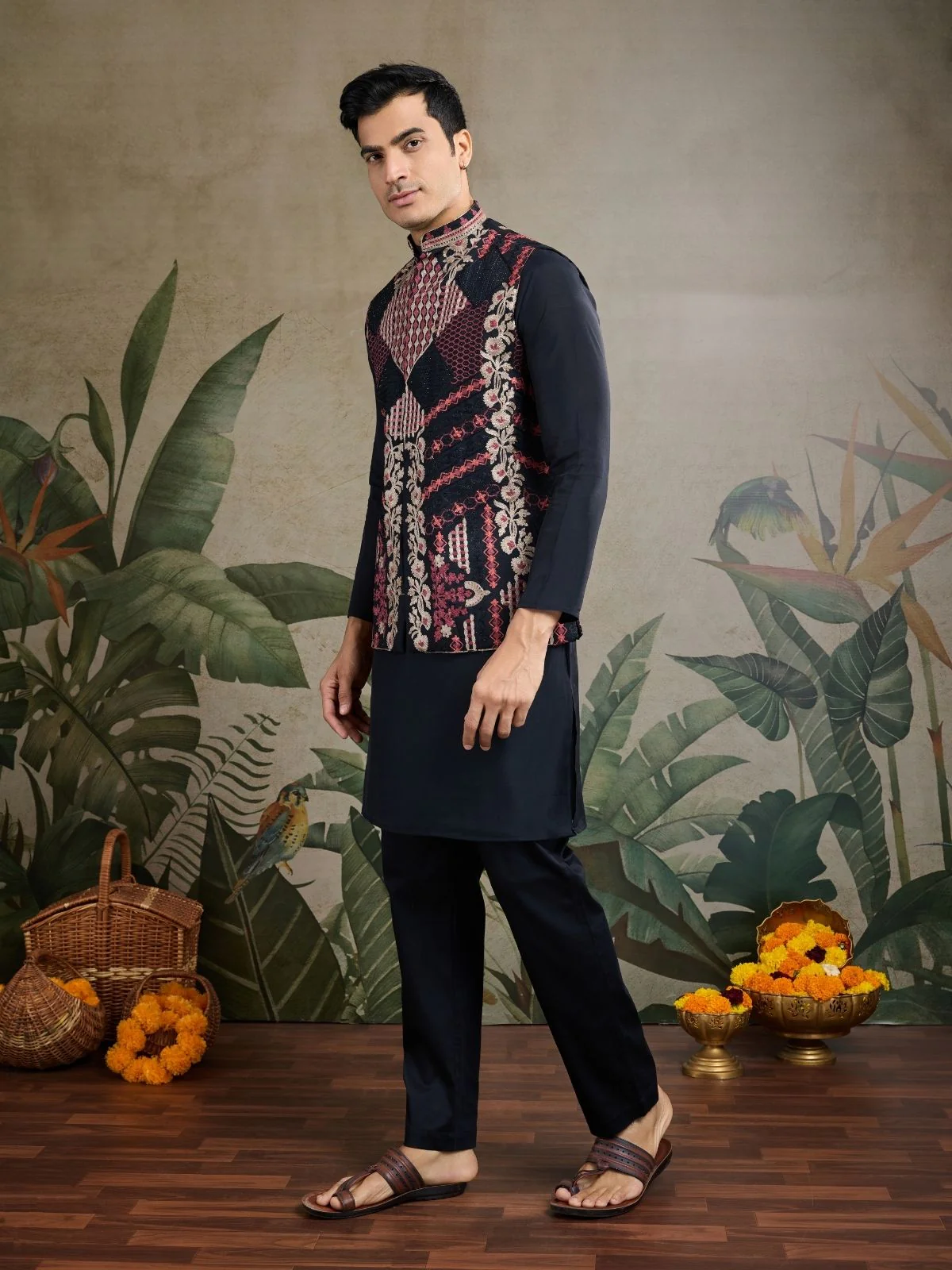 Odette Black Viscose Silk Embroidered Stitched Kurta For Men - Image 2