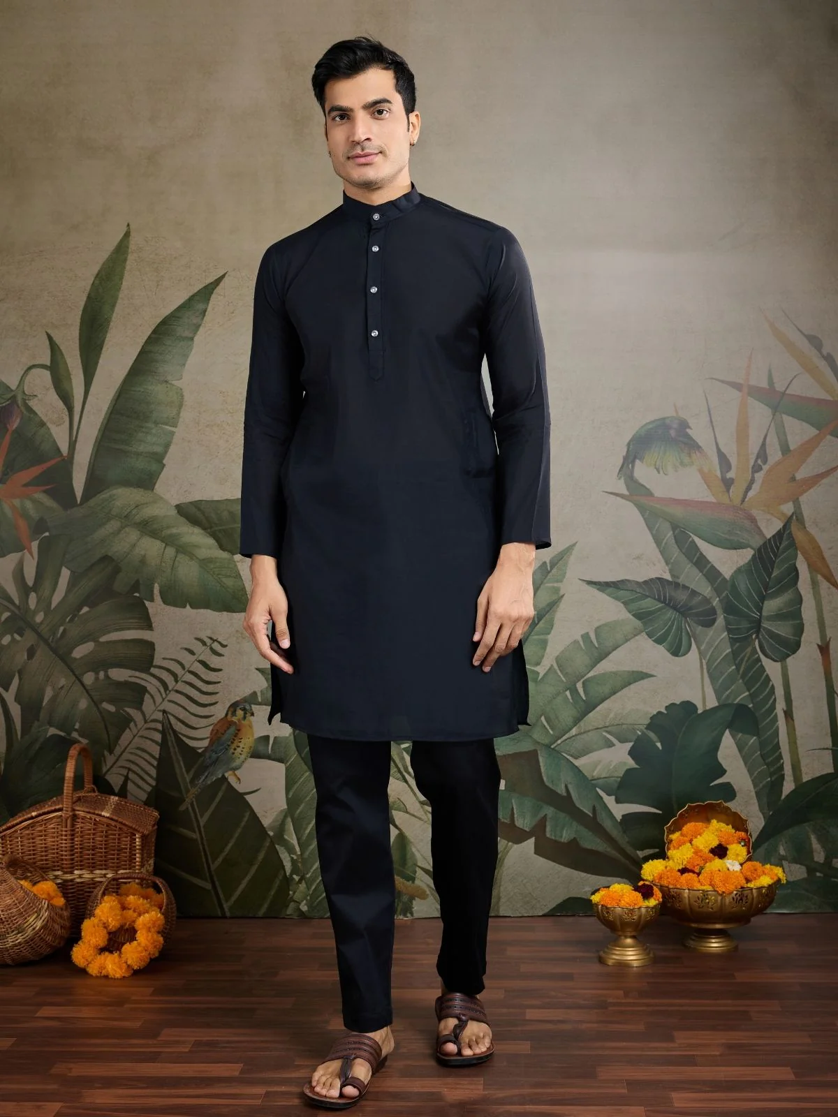 Odette Black Viscose Silk Embroidered Stitched Kurta For Men - Image 3