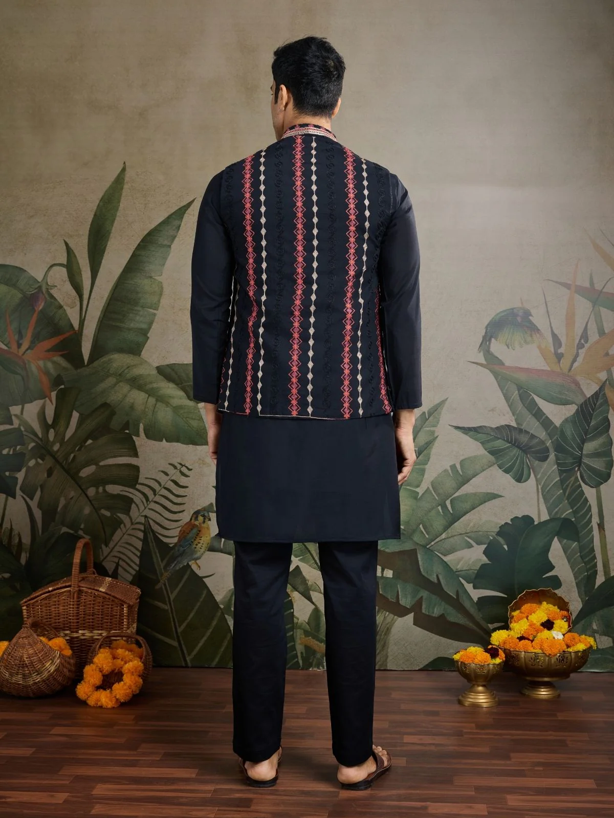 Odette Black Viscose Silk Embroidered Stitched Kurta For Men - Image 4
