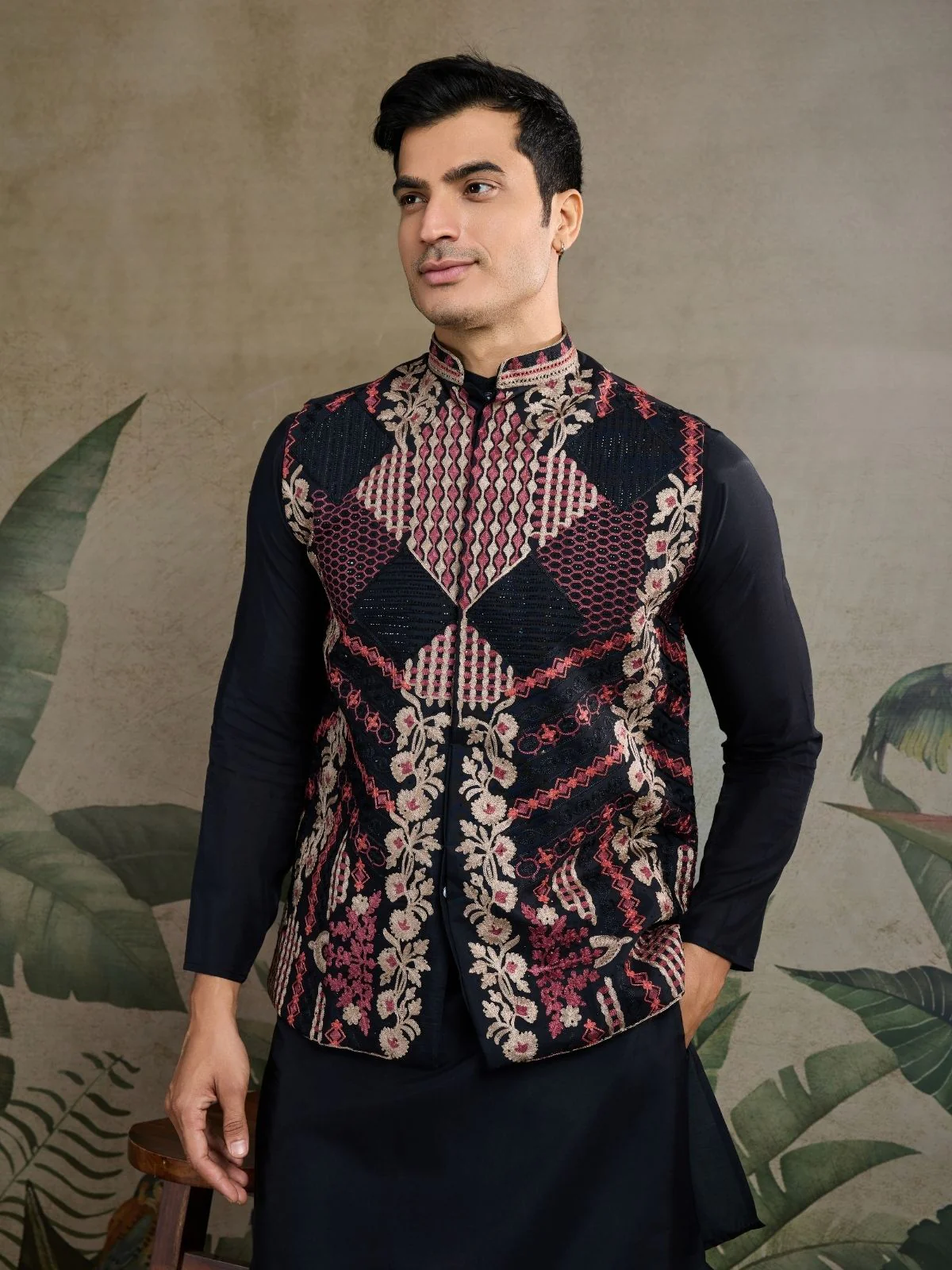 Odette Black Viscose Silk Embroidered Stitched Kurta For Men - Image 5