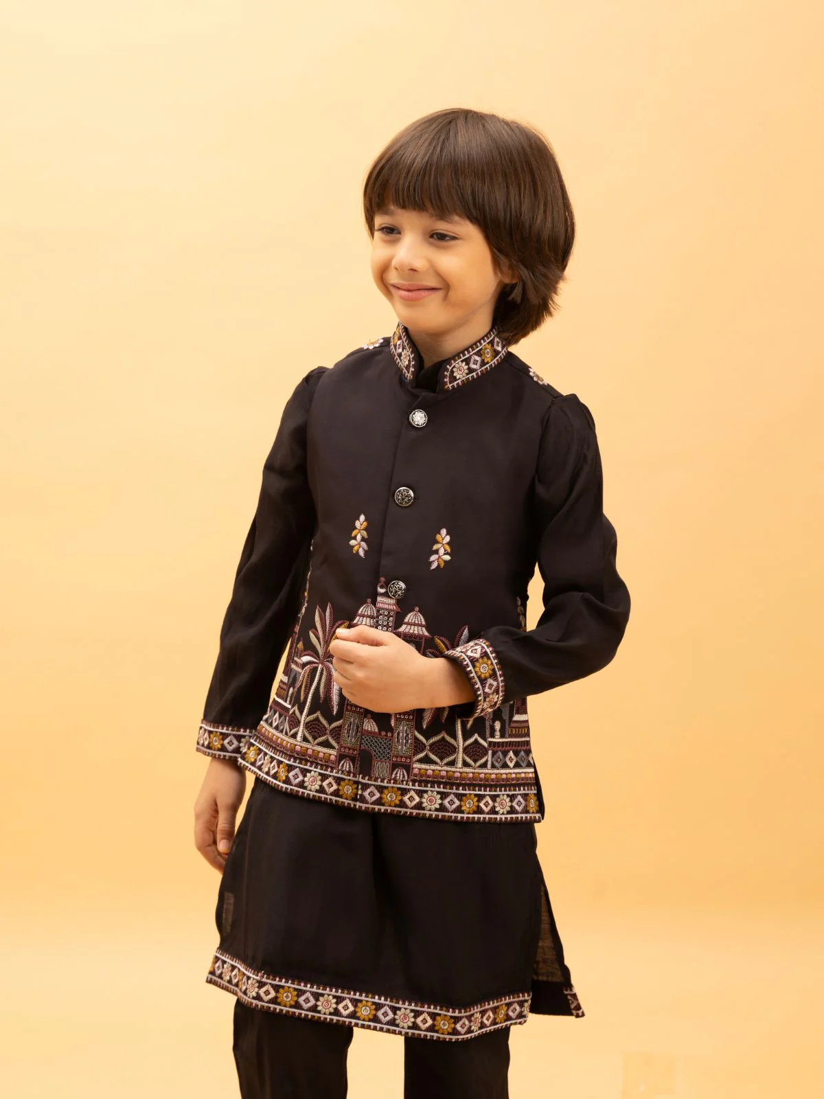 Odette Black Viscose Silk Embroidered Stitched Kurta Set For Kids - Image 4