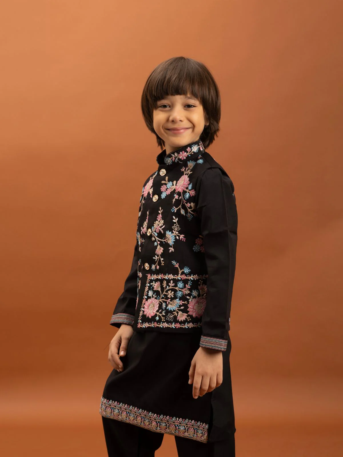 Odette Black Viscose Silk Embroidered Stitched Kurta Set For Kids - Image 5