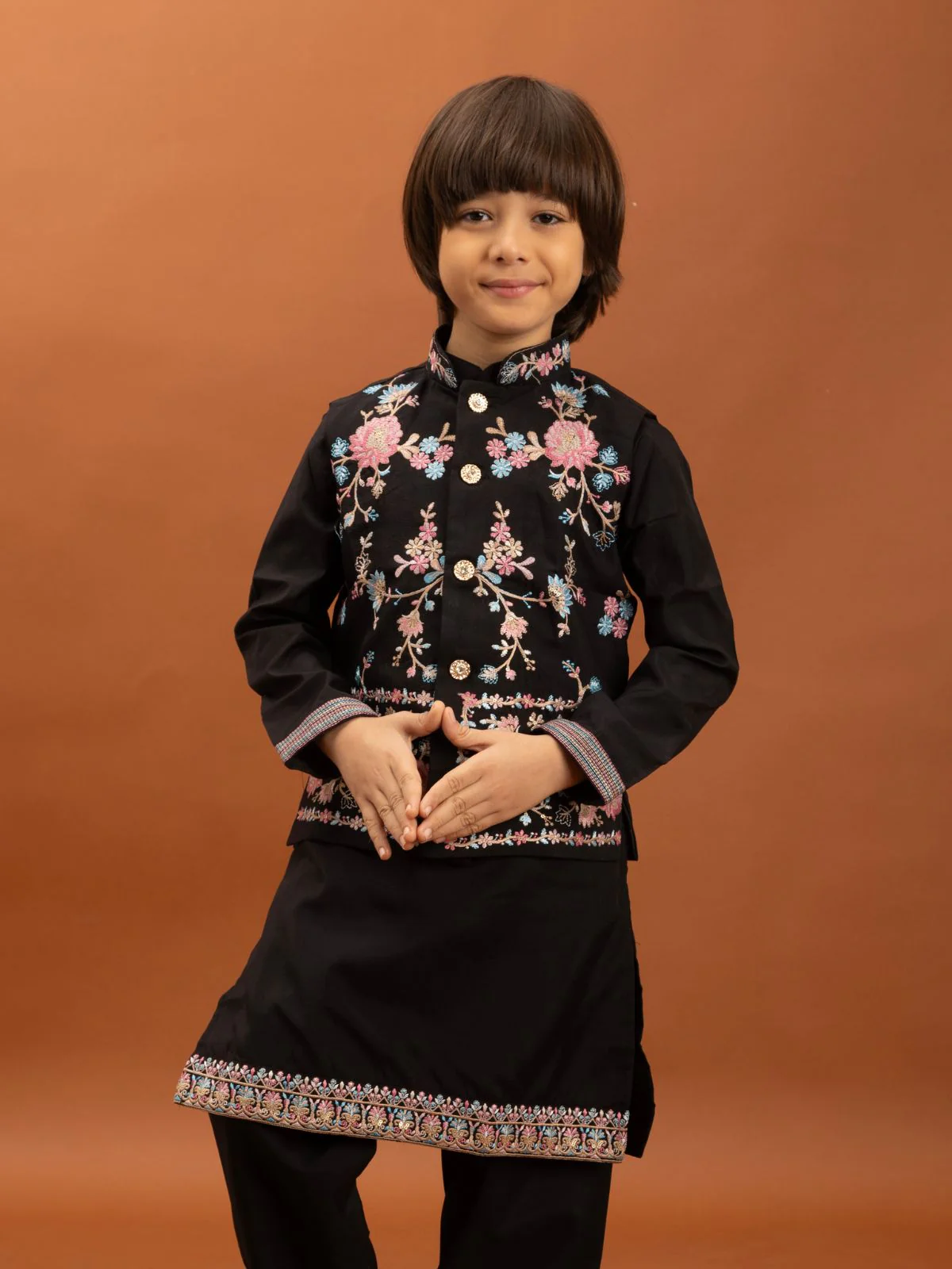 Odette Black Viscose Silk Embroidered Stitched Kurta Set For Kids - Image 6