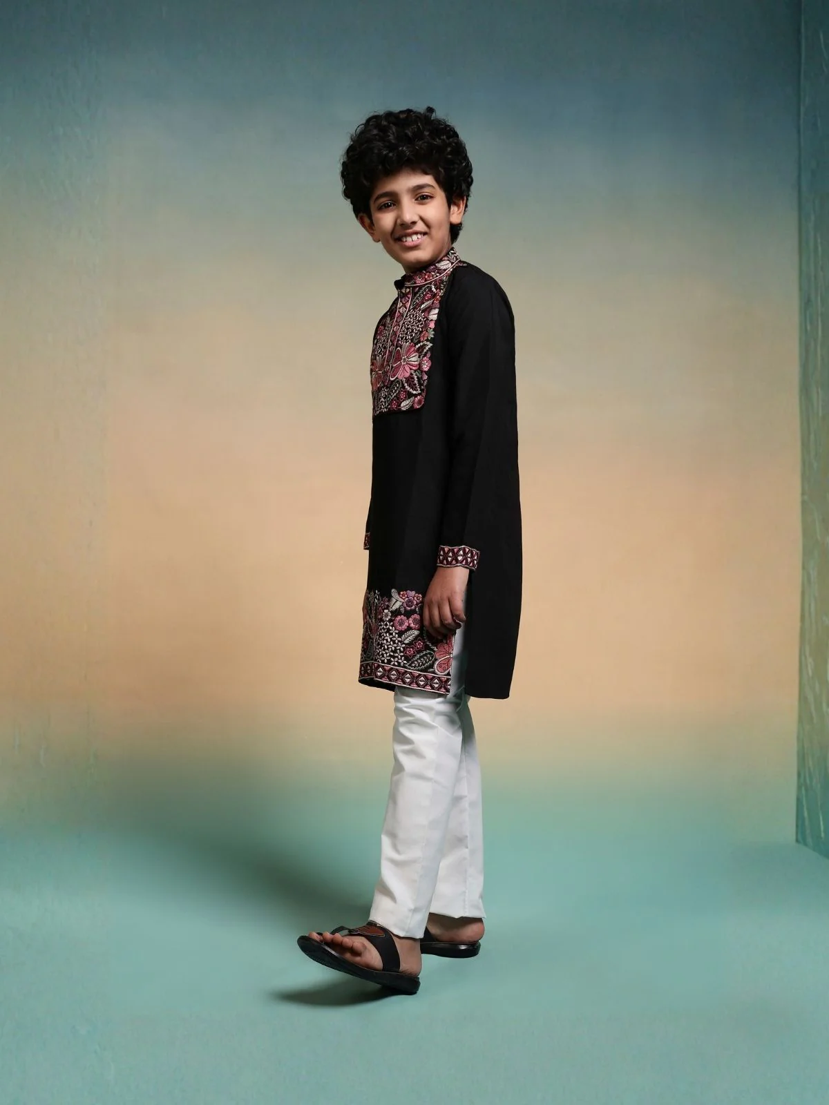 Odette Black Viscose Silk Embroidered Stitched Kurta Set For Kids - Image 2