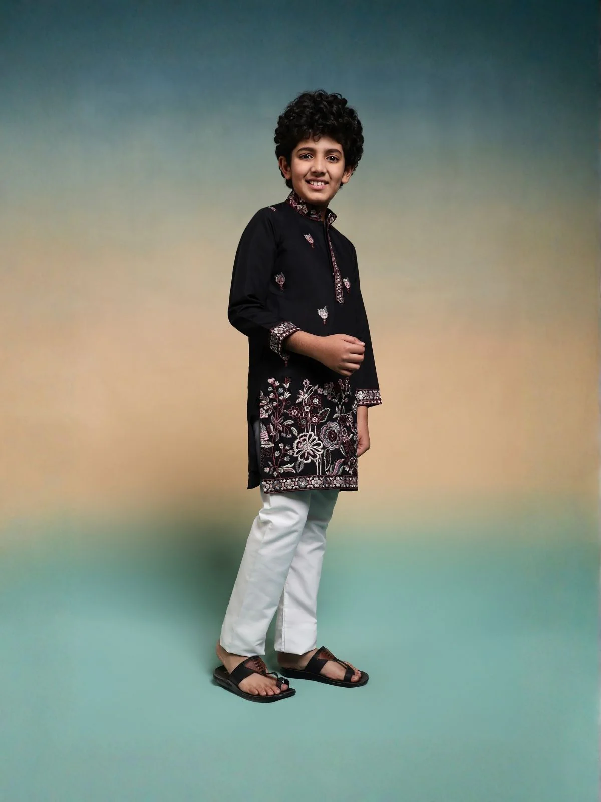 Odette Black Viscose Silk Embroidered Stitched Kurta Set For Kids - Image 2