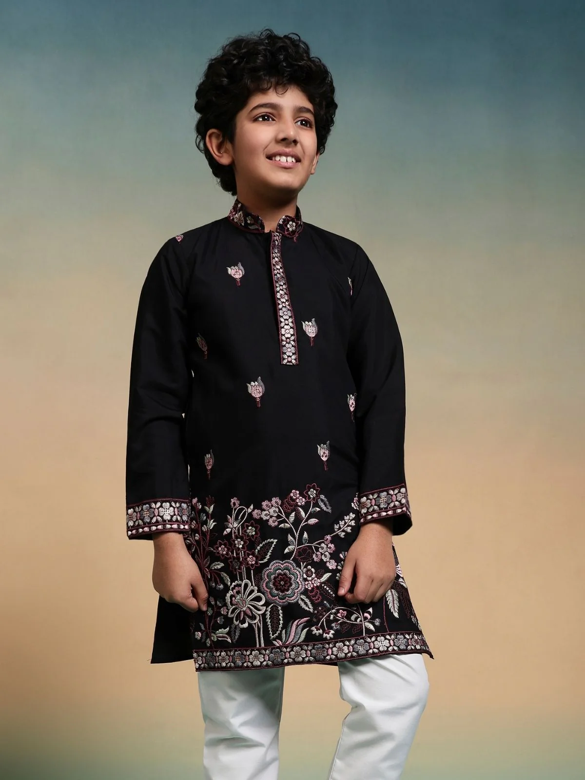 Odette Black Viscose Silk Embroidered Stitched Kurta Set For Kids - Image 5
