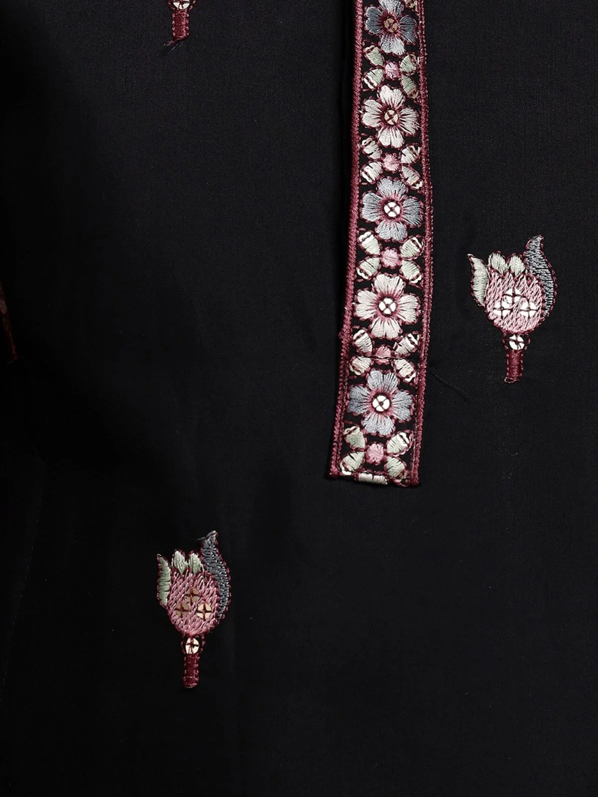 Odette Black Viscose Silk Embroidered Stitched Kurta Set For Kids - Image 6