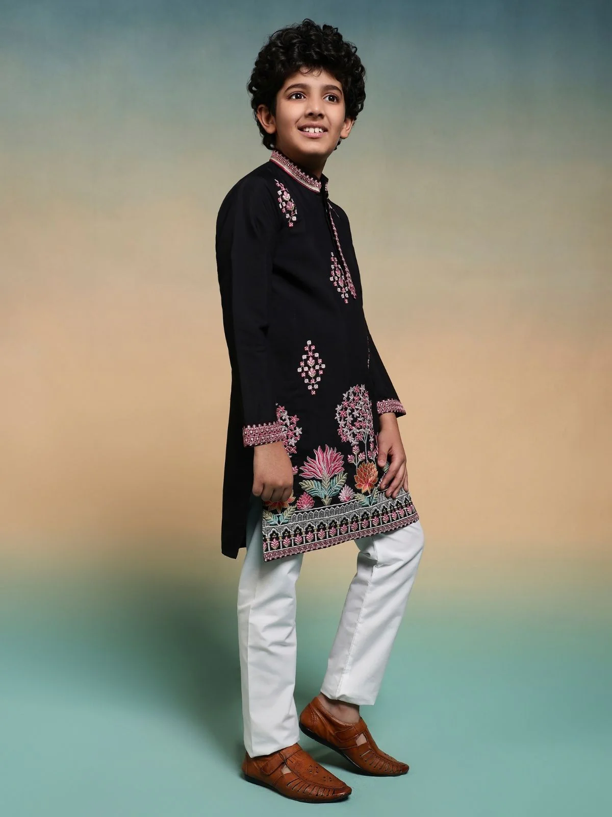 Odette Black Viscose Silk Embroidered Stitched Kurta Set For Kids - Image 2