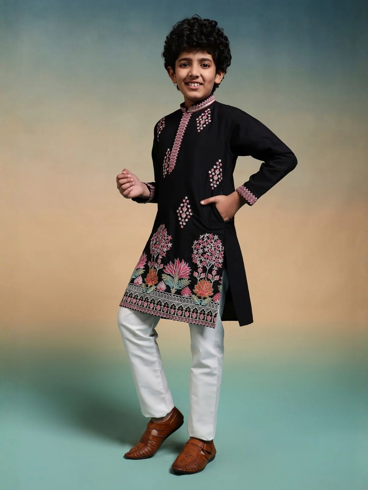 Odette Black Viscose Silk Embroidered Stitched Kurta Set For Kids - Image 3