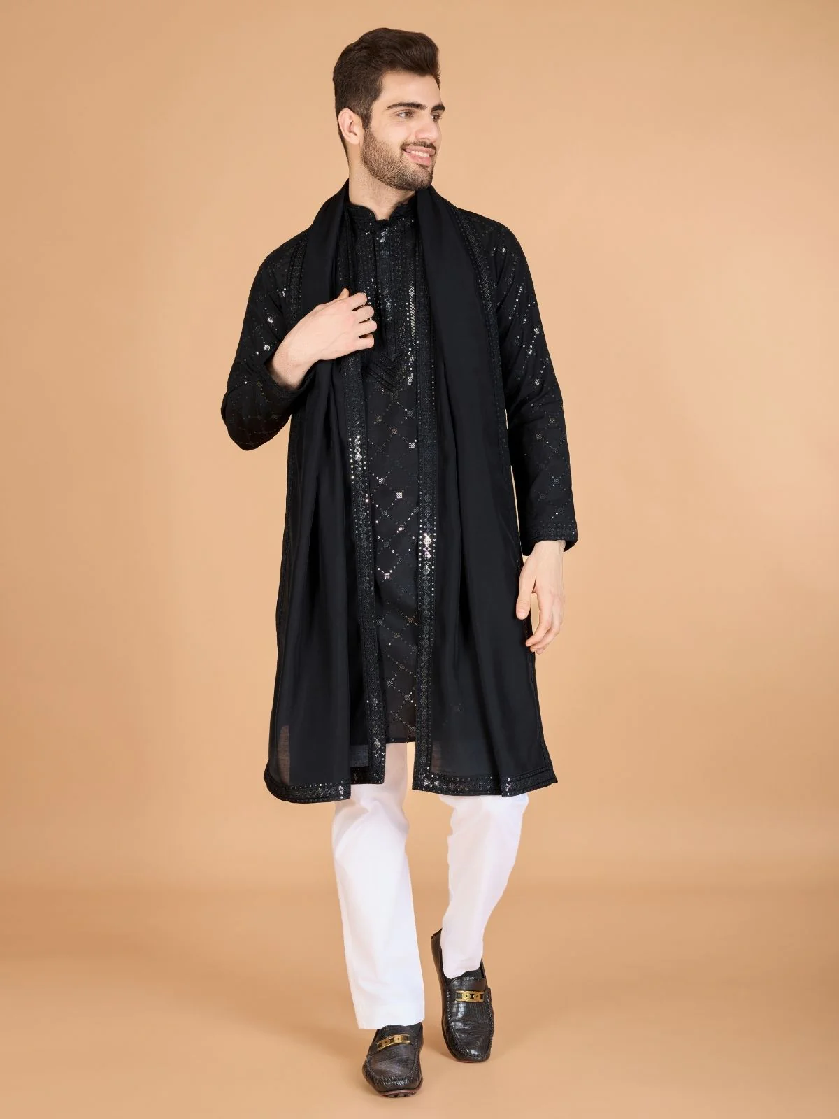 Odette Black Viscose Silk Sequins Stitched Kurta For Men - Image 3