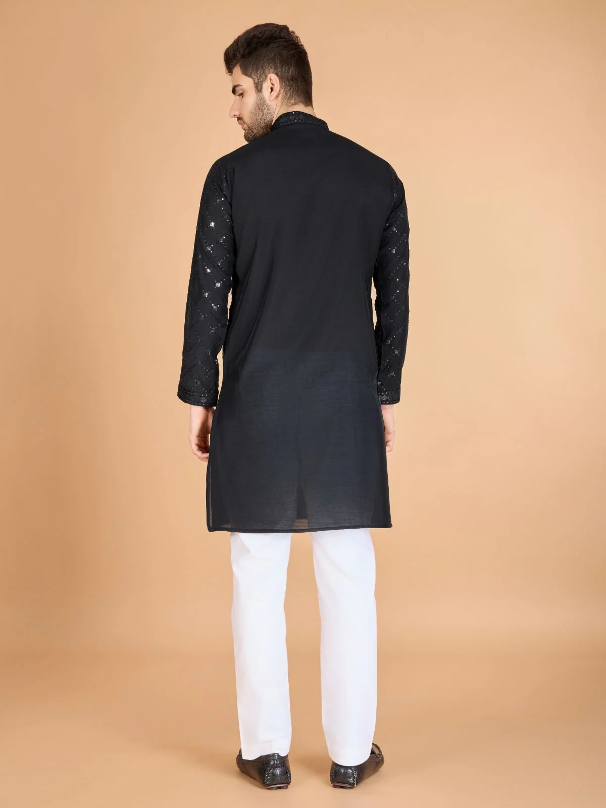 Odette Black Viscose Silk Sequins Stitched Kurta For Men - Image 5