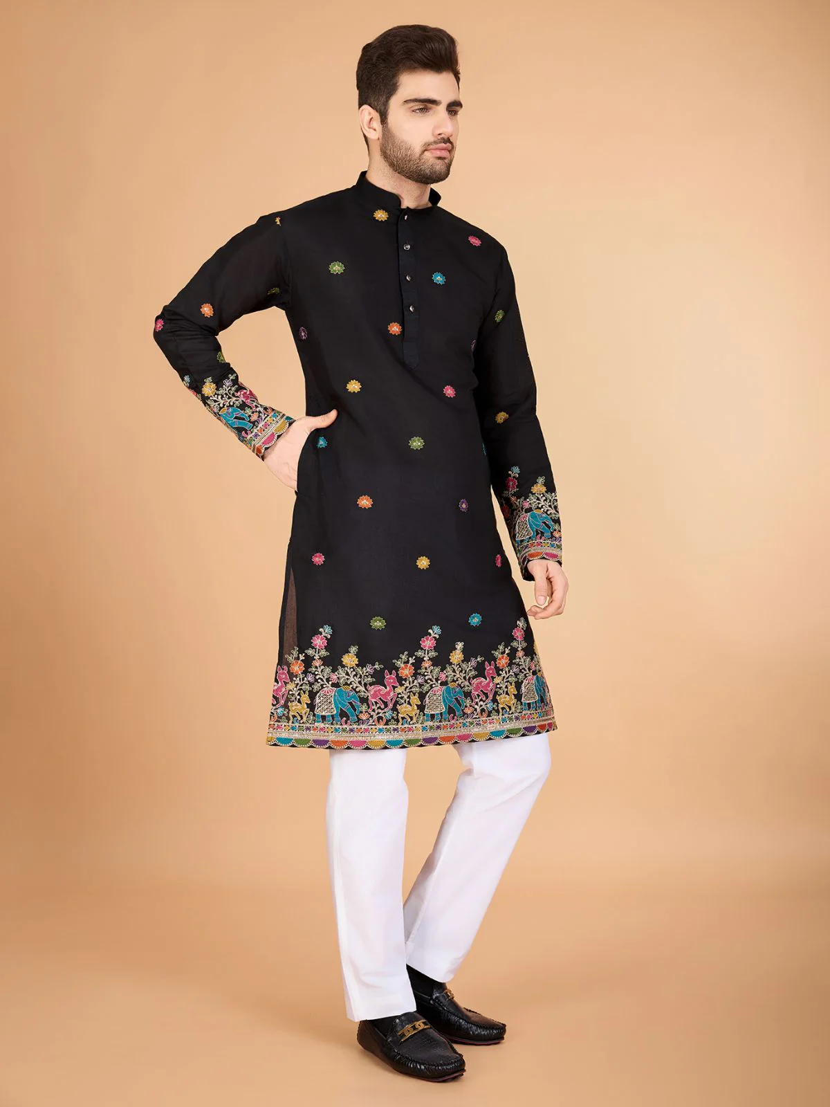 Odette Black Viscose Silk Stitched Kurta For Men - Image 3