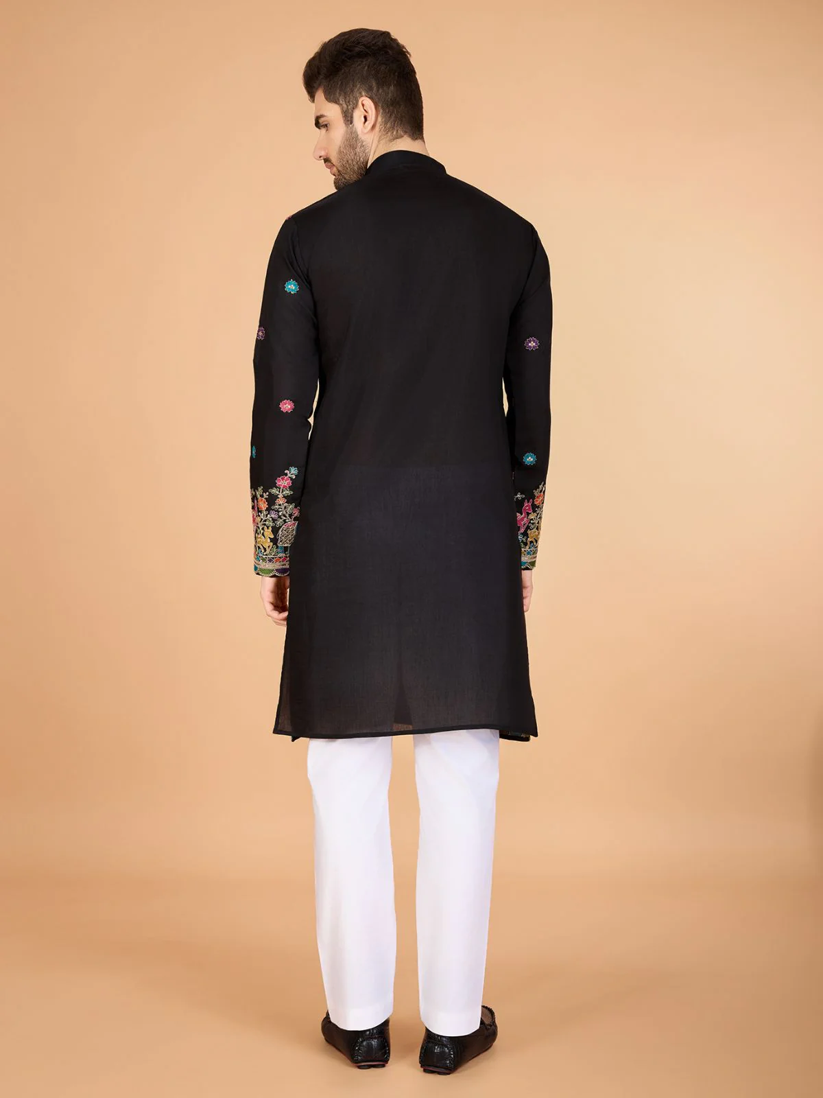 Odette Black Viscose Silk Stitched Kurta For Men - Image 5