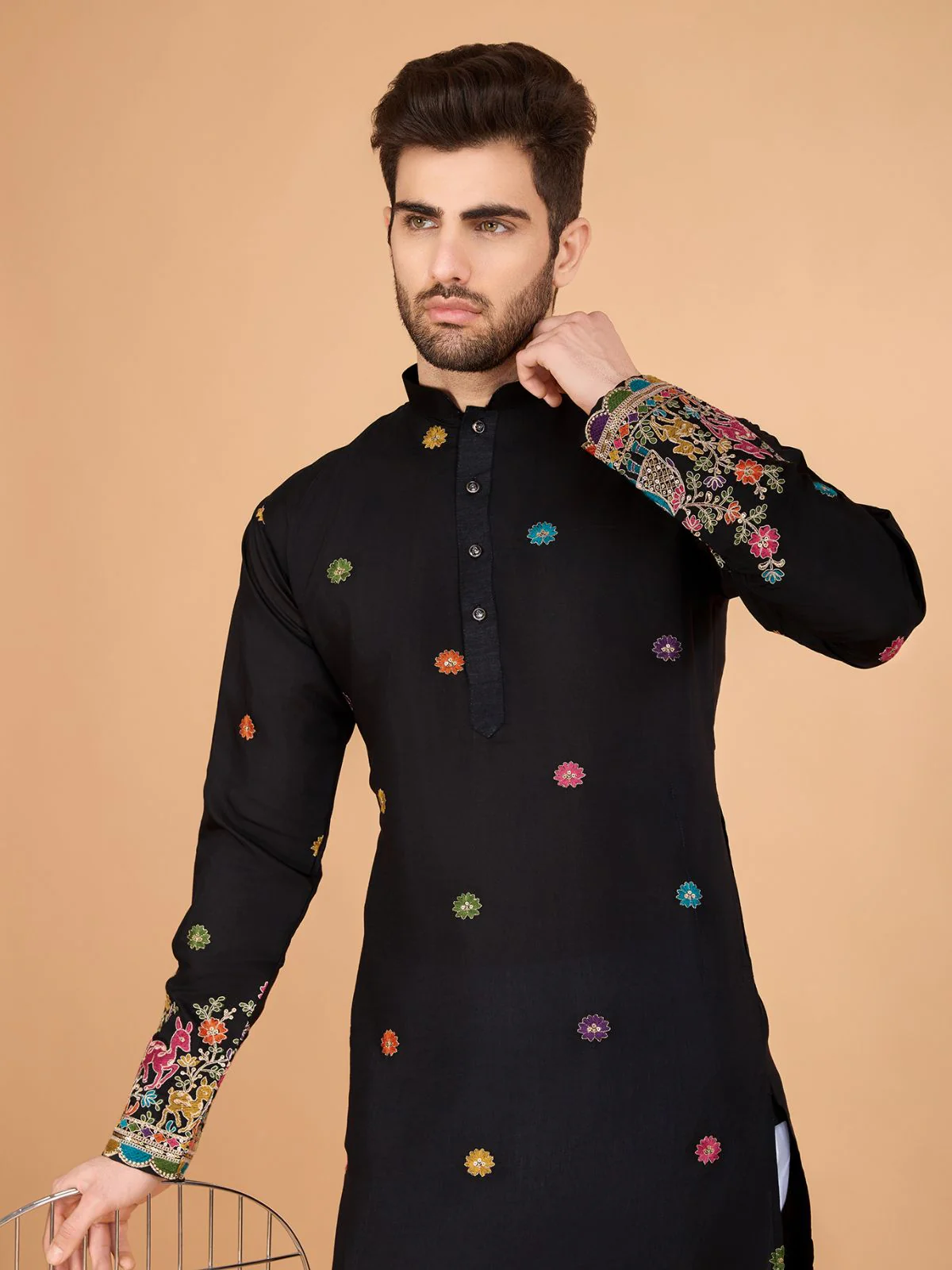 Odette Black Viscose Silk Stitched Kurta For Men - Image 6