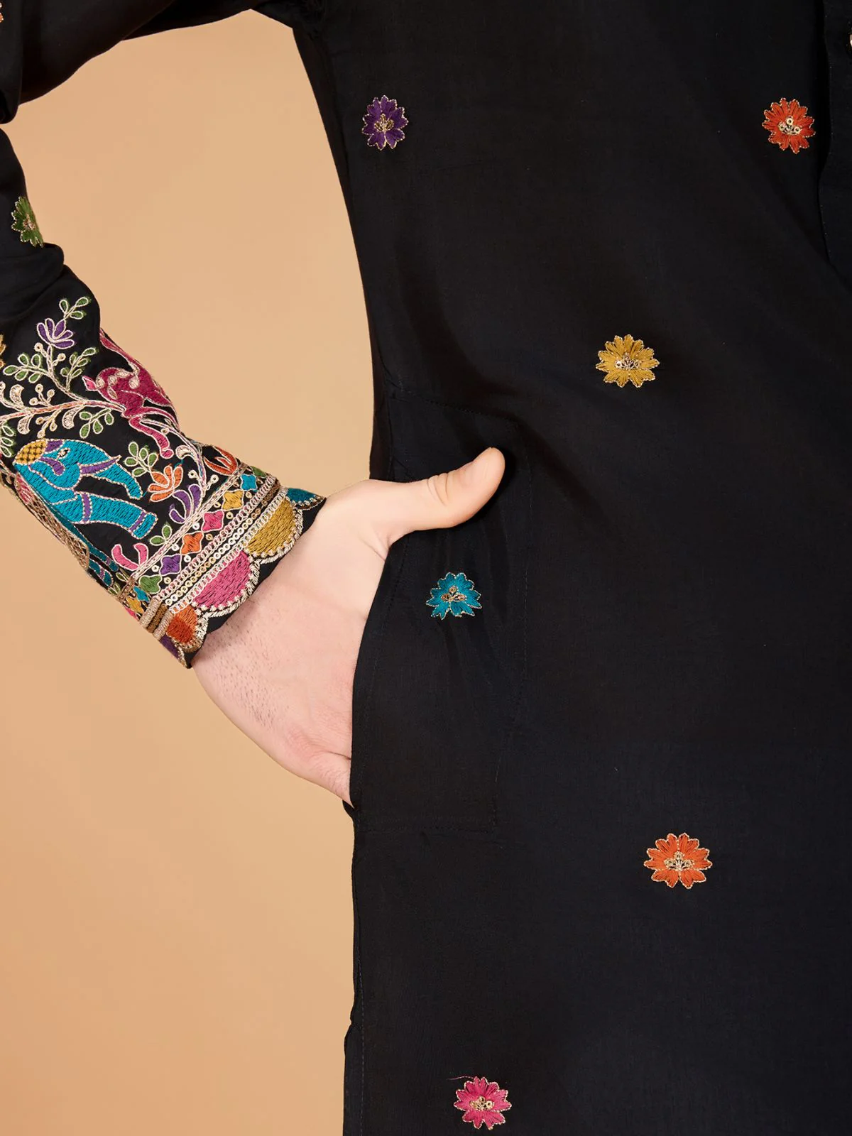 Odette Black Viscose Silk Stitched Kurta For Men - Image 7