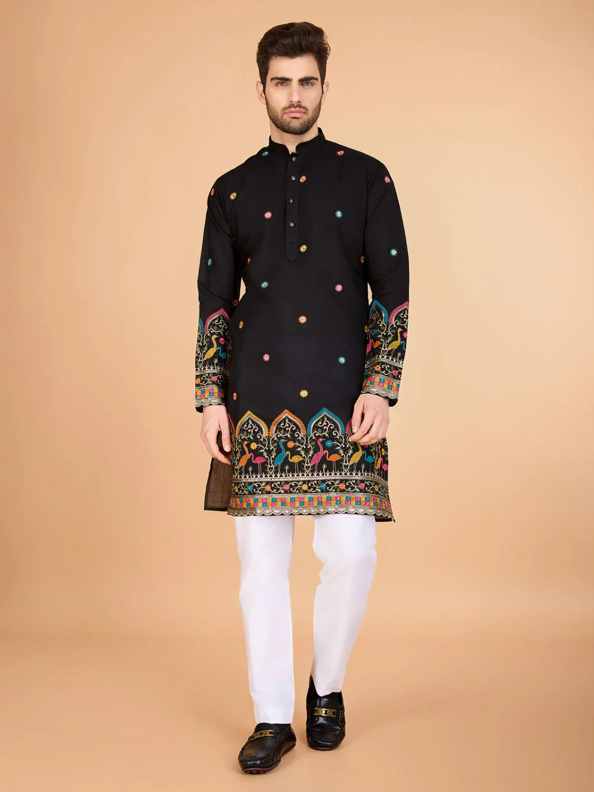 Odette Black Viscose Silk Stitched Kurta For Men - Image 2