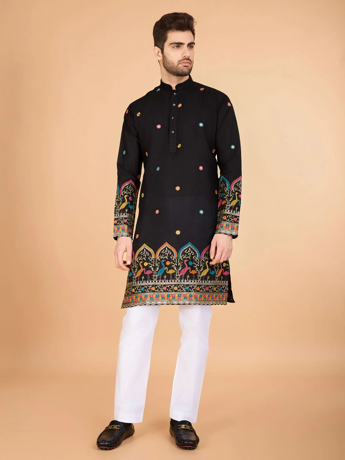 Odette Black Viscose Silk Stitched Kurta For Men - Image 3
