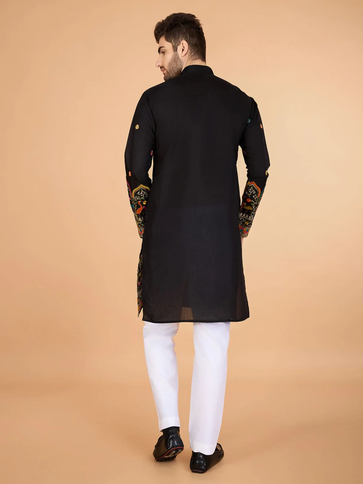 Odette Black Viscose Silk Stitched Kurta For Men - Image 5