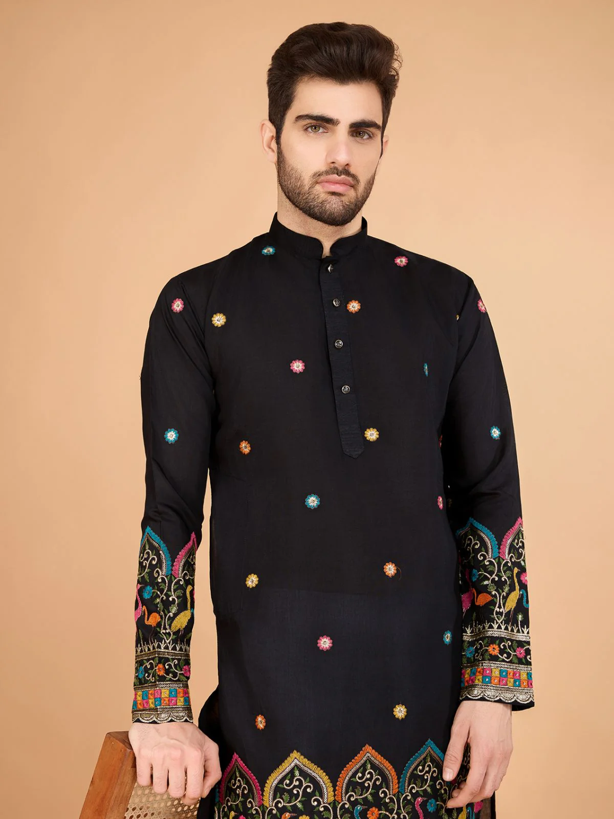 Odette Black Viscose Silk Stitched Kurta For Men - Image 6