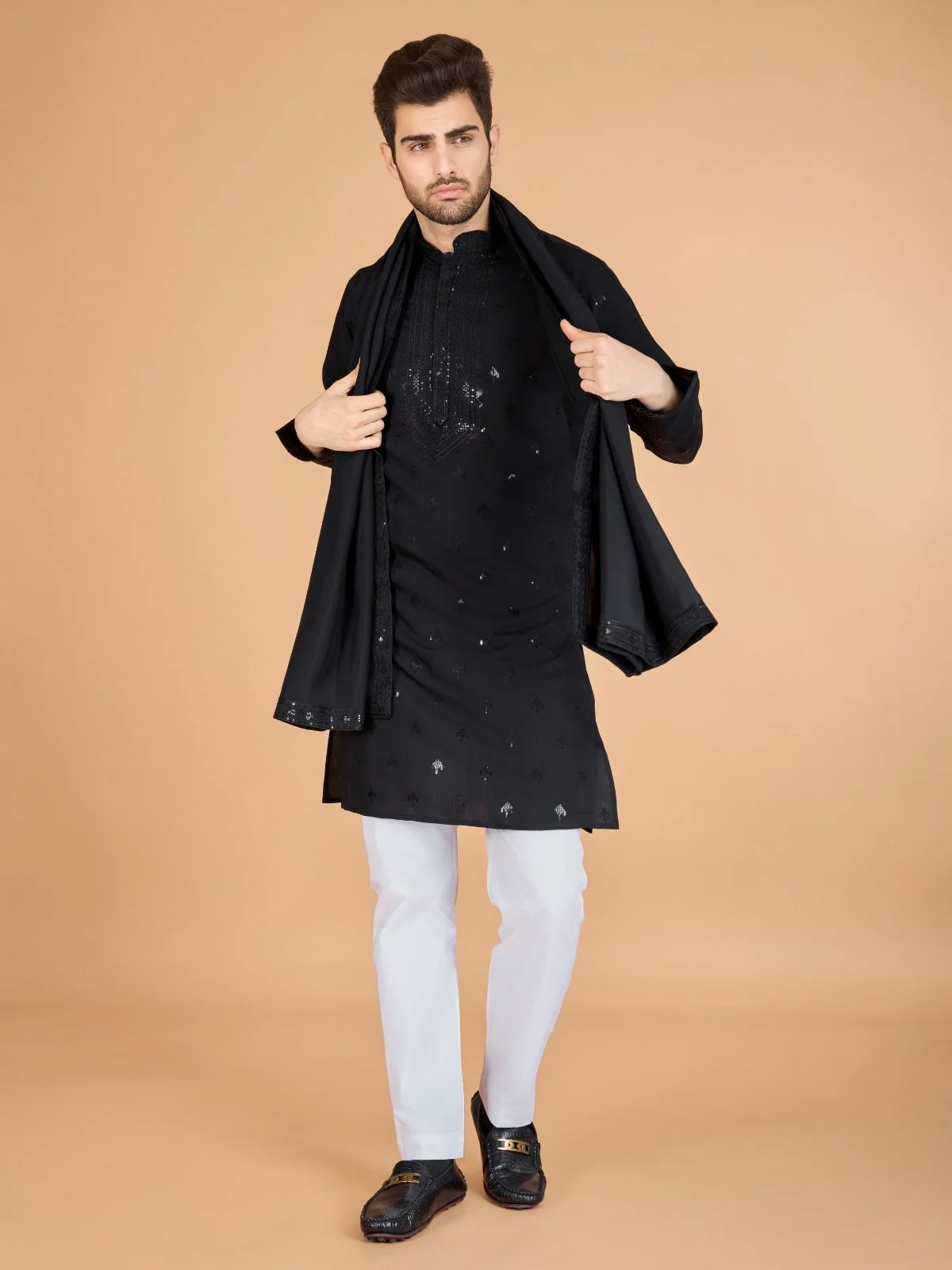 Odette Black Viscose Silk Sequence Stitched Kurta For Men - Image 3