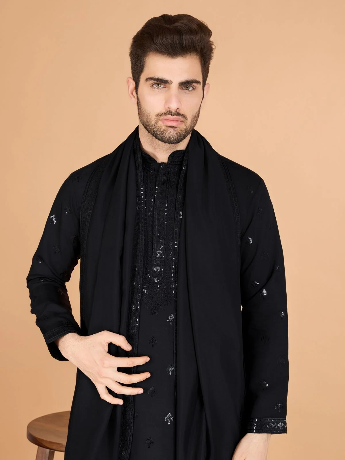 Odette Black Viscose Silk Sequence Stitched Kurta For Men - Image 6