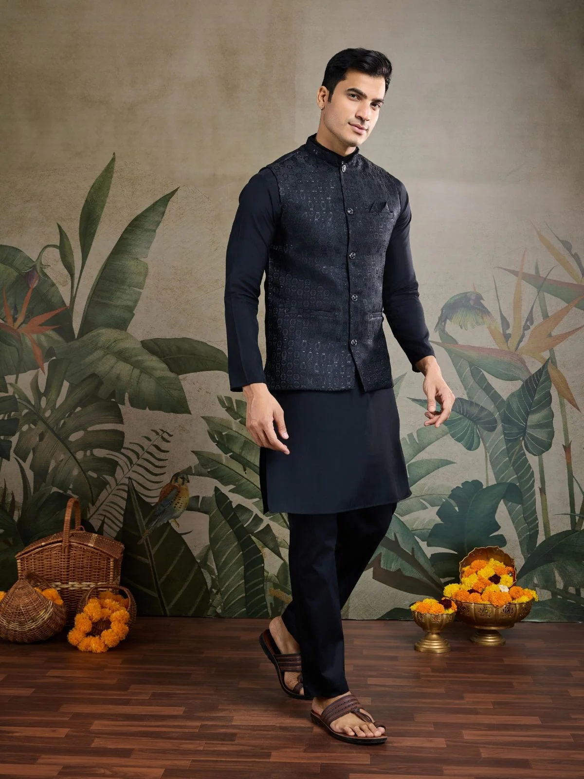 Odette Black Viscose Silk Woven Stitched Kurta For Men - Image 2