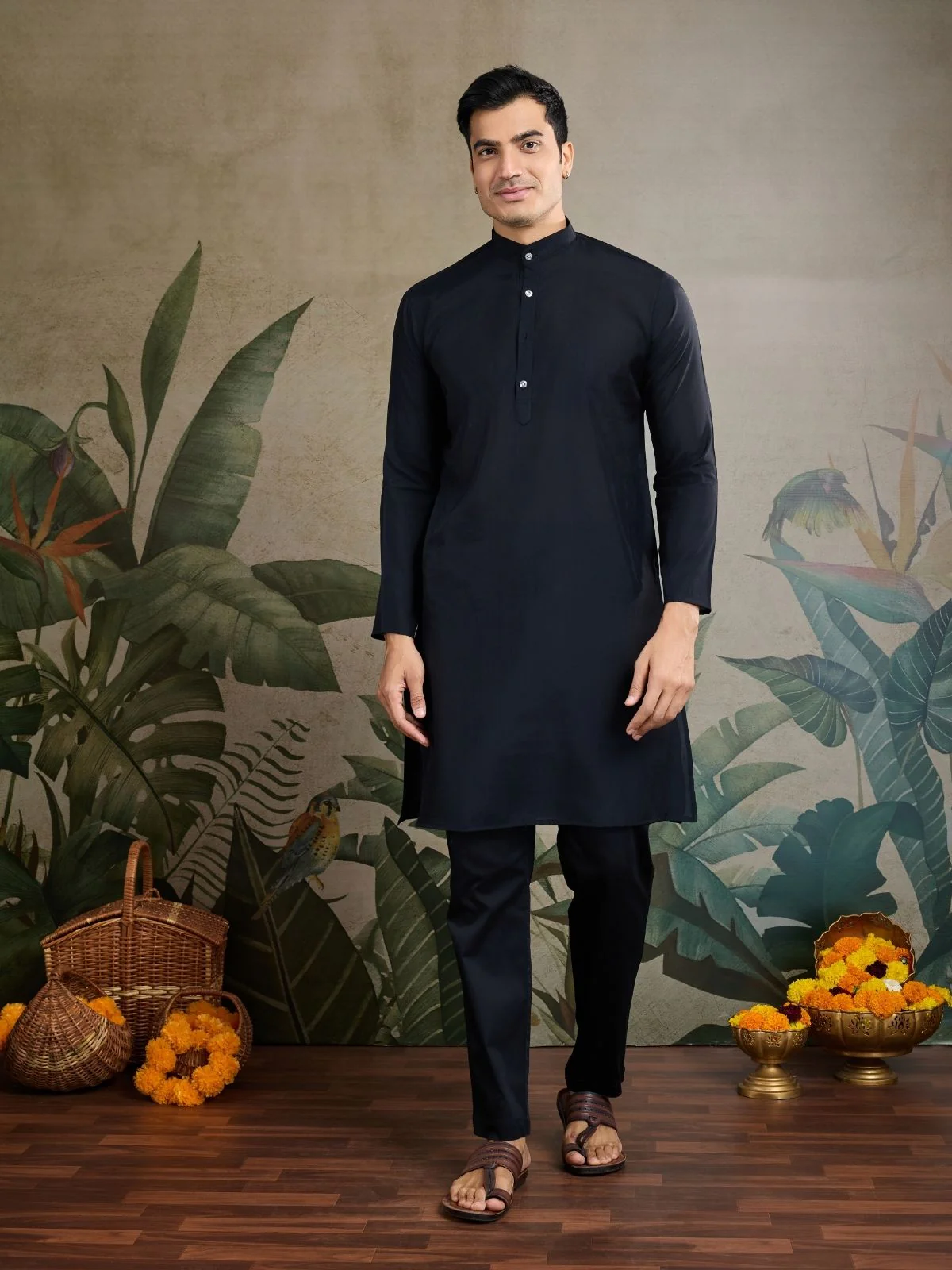 Odette Black Viscose Silk Woven Stitched Kurta For Men - Image 3