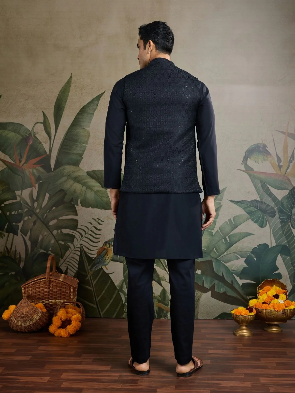 Odette Black Viscose Silk Woven Stitched Kurta For Men - Image 4