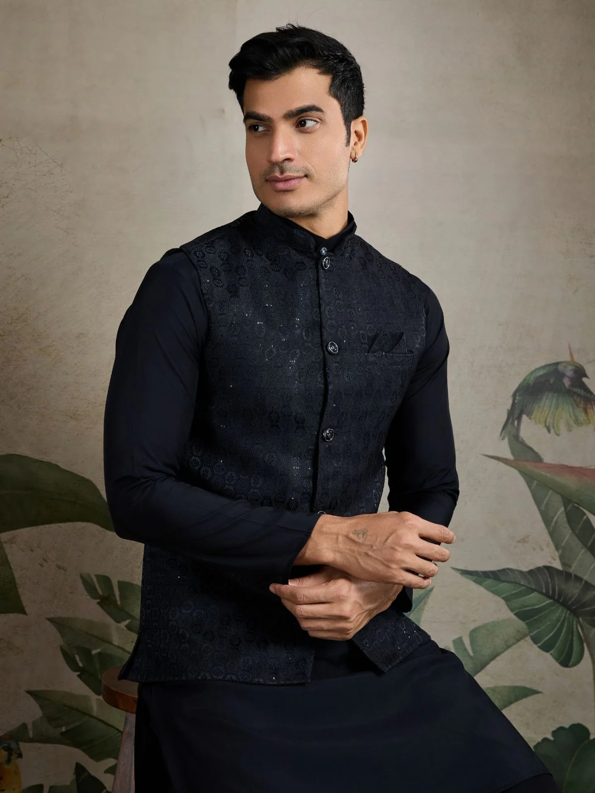 Odette Black Viscose Silk Woven Stitched Kurta For Men - Image 5